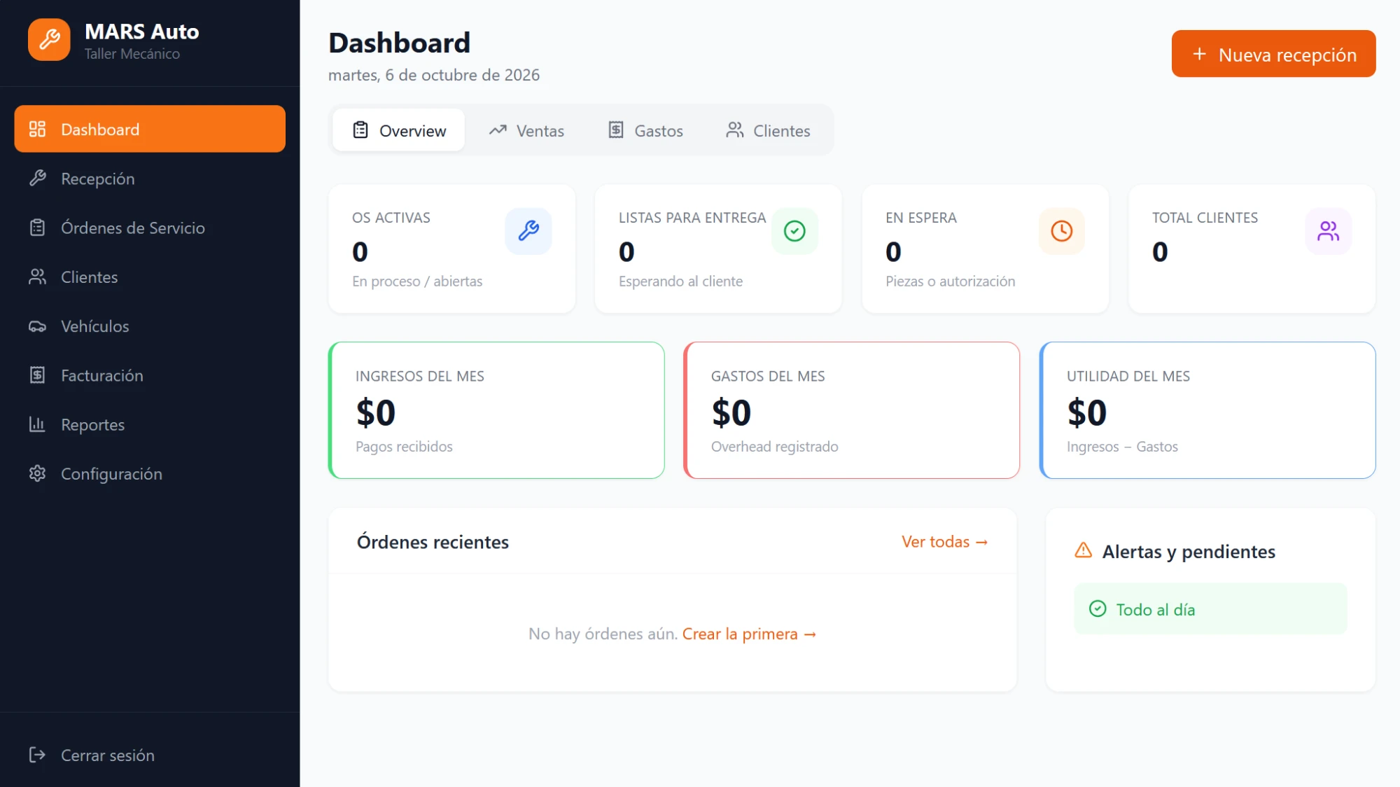 Dashboard del taller: órdenes de servicio, ingresos, gastos y utilidad del mes